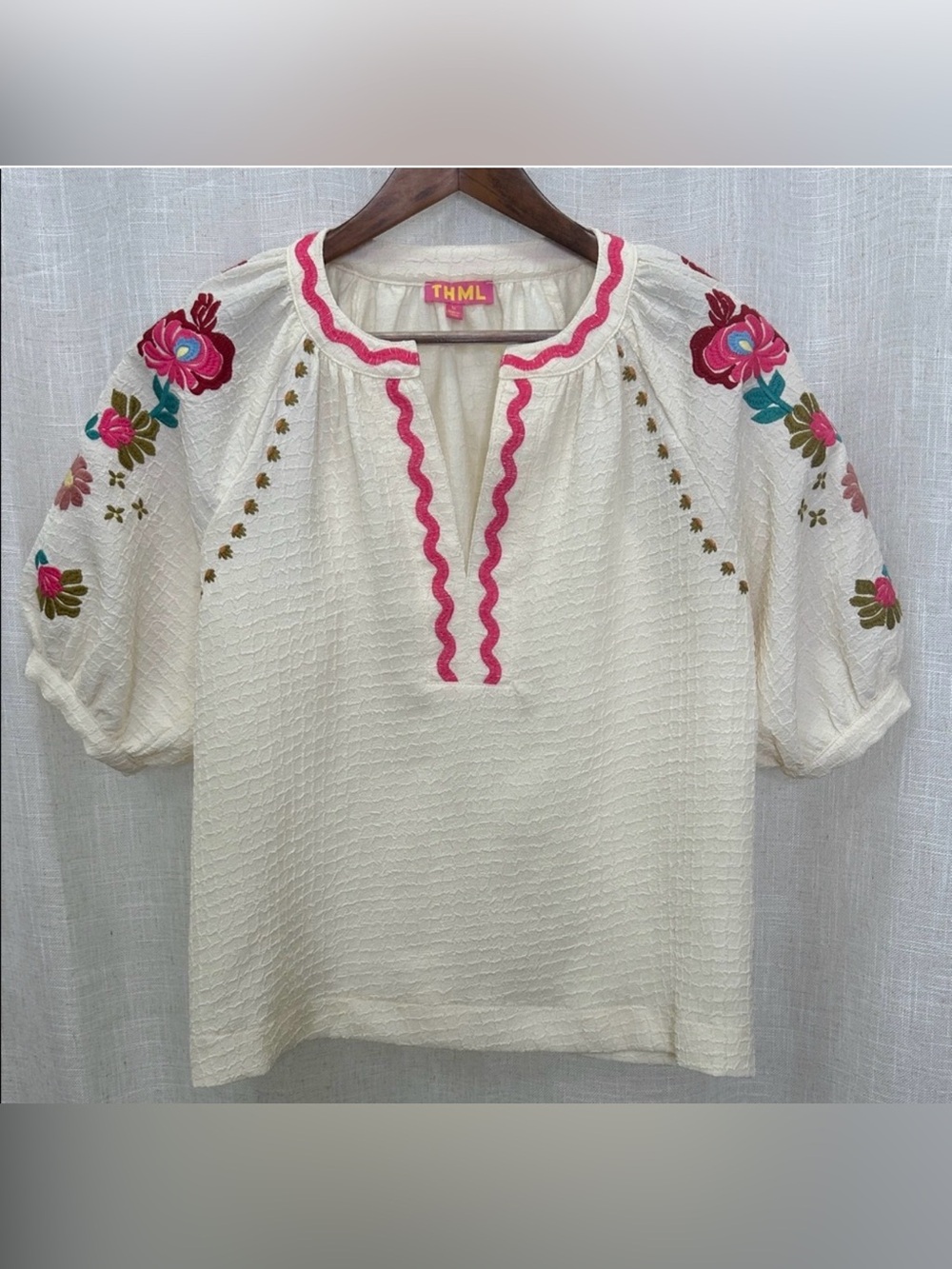 THML Cream Peasant Blouse with Pink & Multicolor Floral Embroidery Size Medium